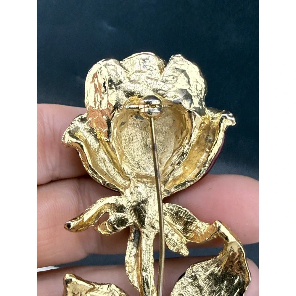 Vintage Rose Brooch Enamel Red Flower‎ Green Leaves Gold Tone Large